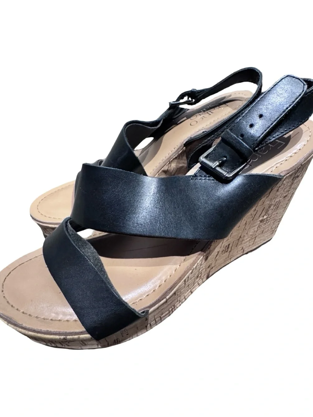 Franco Sarto Black Leather Twist-Strap Wedge Sandals